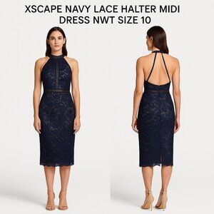 Xscape Navy Lace Halter Midi Dress NWT Size 10
